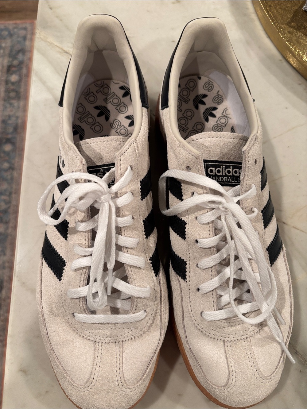 adidas White Suede Handball Sneakers with Black Stripes